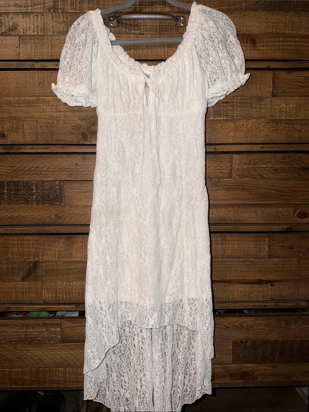 No Boundaries Cream Lace High-Low Midi Dress with Puff Sleeves